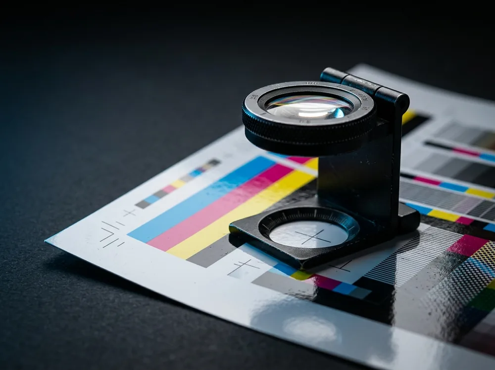 Nyomdai nagyító friss CMYK nyomaton, vágójelekkel – minőség-ellenőrzés
