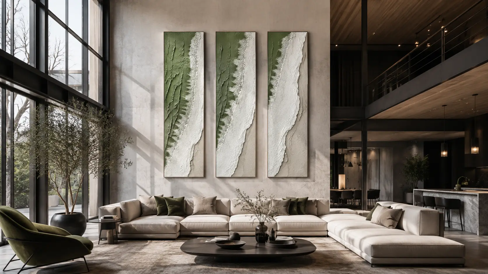 Triptichon festmény három táblán egy modern luxus loft nappaliban